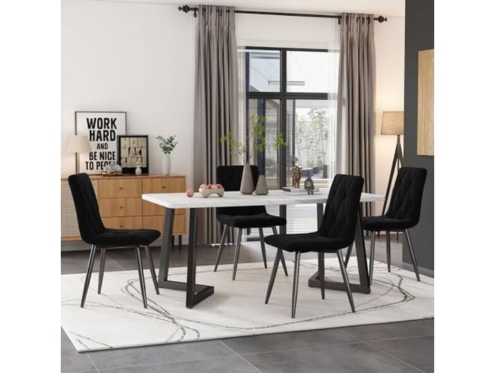KUAKE Essgruppet,117×68cm Esstisch mit 4 Stühlen, Rechteckiger Esstisch Moderner Küchentisch Set,Esszimmerstuhl Twill Samt Küchenstuhl,Schwarze Tischbeine (Schwarz)
