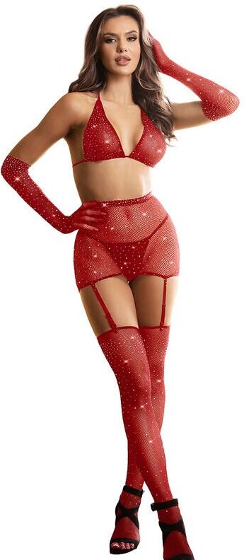 SUBBLIME bodystocking resille avec gants et diamants rouge taille unique