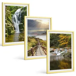 BILDER SET 3er Set - 40x60 cm Goldrahmen - Wasserfälle, Berge, Wolken, Herbst