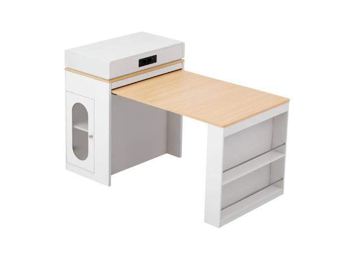 VLIVRA Desserte de Cuisine avec 1 Tiroir Plateau Rabattable et Prises Intégrées - pour Cuisine - en MDF et Verre - Blanc