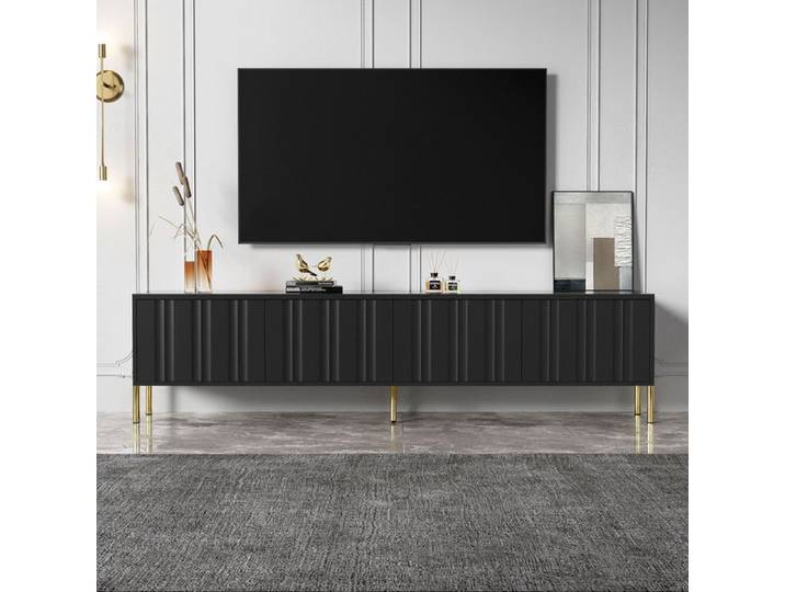 Meuble TV de 190 cm avec 4 Portes Meuble Télé Noir avec Pieds de Table Dorés Design de Porte Rainurée 190 x 38 x 48 cm Noir