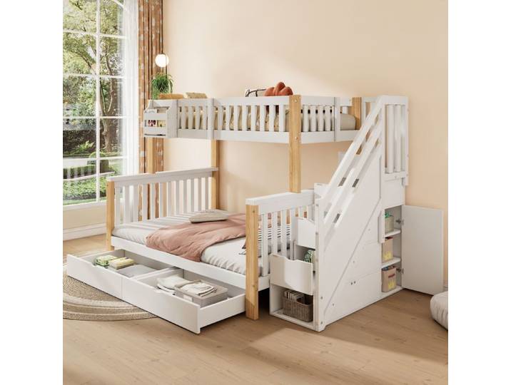 Lit superposé enfant double multifonction - Panier & tiroir de rangement - Armoire escalier - Blanc + Naturel - Sans matelas