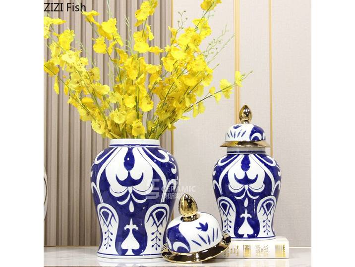 Pot de rangement en porcelaine bleue et blanche, Vase en céramique à bords dorés galvanisés, ornement, Arrangement de fleurs, Vase de fleurs séchées, artisanat