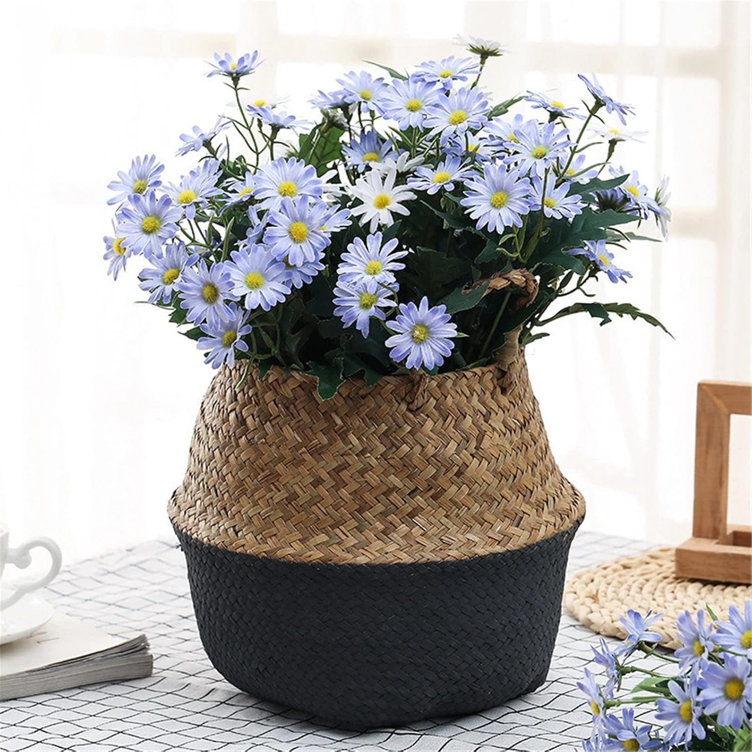 3x Kunstmatige Blauwe Margrieten - Realistische Textiel en Rattan Bloemen voor Decoratie