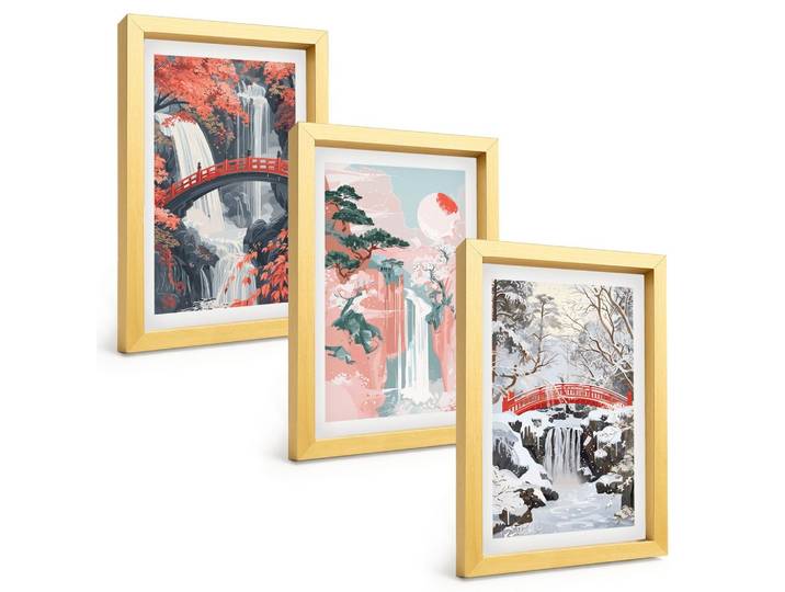 BILDER SET 3er Set - 20x30 cm Goldrahmen - Wasserfälle der Jahreszeiten