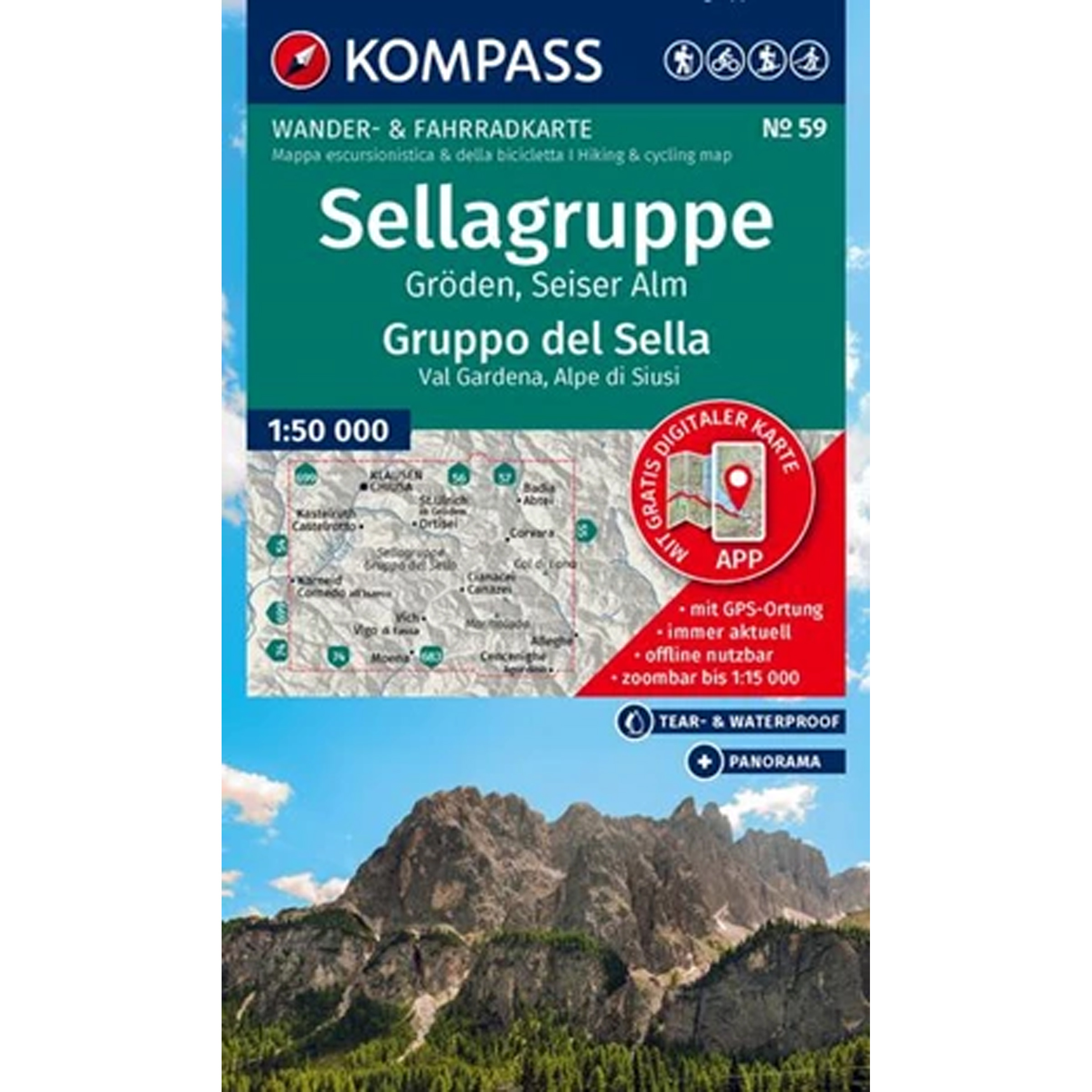 Kompass Verlag WK 59 Sellagruppe - Gröden - Seiseralm Topografische Karten tuerkis