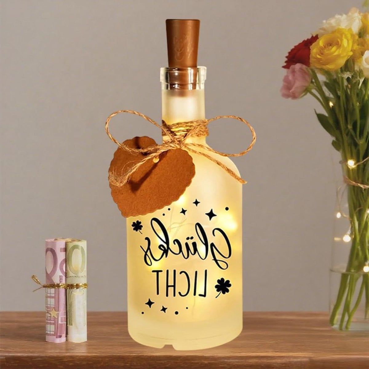 Verlichte decoratieve fles met kurk en LED-verlichting voor sfeervolle ambiance