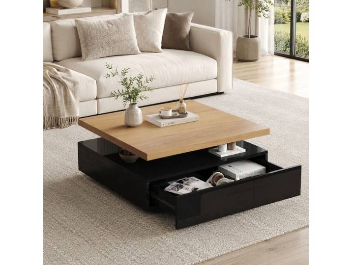 ULSAM Table Basse Carrée Pivotante 360° 70x70 cm Tiroir Caché Double Niveau - Noir/Noyer