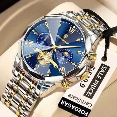 Inspired Finds POEDAGAR Luxury Men's Watch Waterproof Stainless Steel Chronograph Quartz Wristwatch With Luminous Display 938 Gold Gold Black