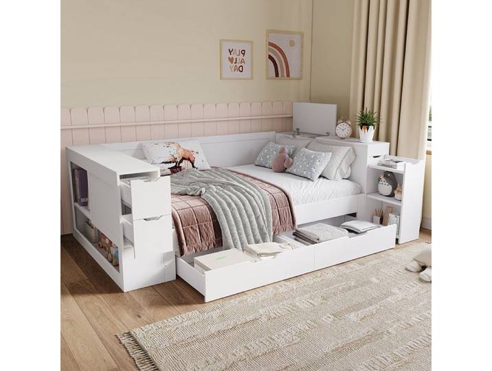 Lit enfant Lit Combine 90x200cm multifonction avec tiroirs et étagères Blanc