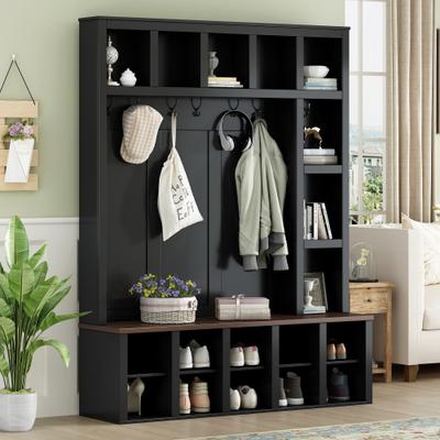 AISWORD "76.7""H Farmhouse Hall Tree with 6 Hooks,Walnut Storage Bench with Adjustable Shelves,4-in-1 Entryway Shoe Cabinet with Cubbies"