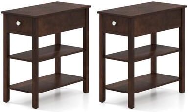 Costway 3-Tier Narrow End Table with Drawer and Storage Shelves Set of 2-Walnut