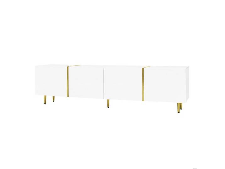 WUVRIE Ensemble meuble TV et table basse blanc brillant MDF accents dorés 4 portes et 2 tiroirs