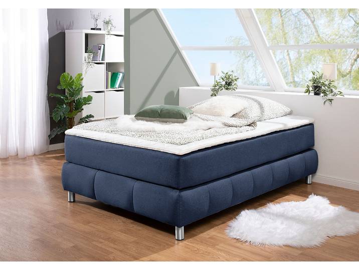Boxspringbett HOME AFFAIRE Salo , blau, B:126cm L:206cm, Komplettbetten, Boxspringbett, Ohne Kopfteil, inkl. Topper, auch in Überlänge 220 cm