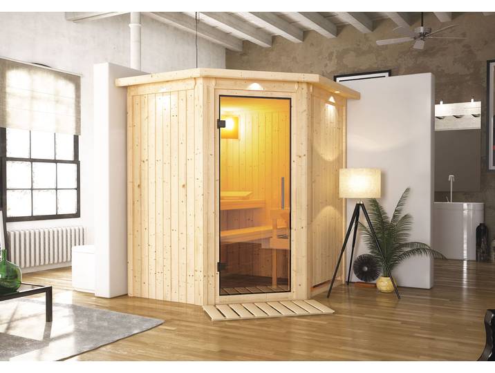 Sauna KARIBU »Liyah« mit Klarglastür und Dachkranz , beige (naturbelassen), ohne Ofen, ohne Steuerung, (ohne Ofen), Saunen, Sauna, in verschiedenen Ausführungen erhältlich