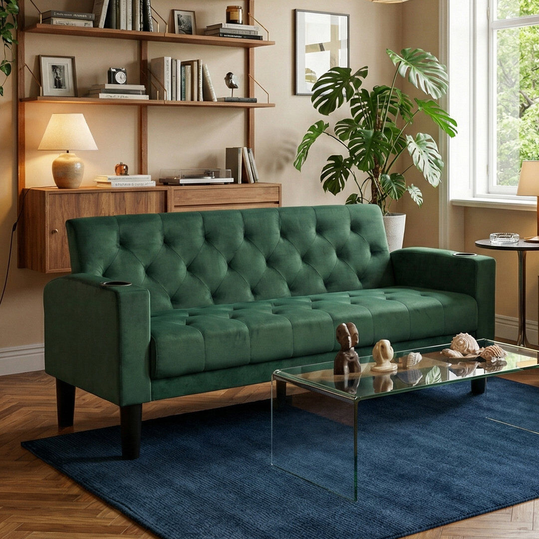 17 Stories Sofa Seats Modern Style Comfy Small Sofa with Pocket Storage 2 USB 2 Cup Holders Upholstered Couch for Living Room Bedroom Office Green Velvet 2 Seater