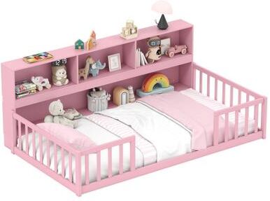 Costway Twin Size Montessori Floor Bed with Bookcase-Pink