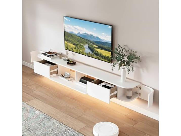 NOYHHAV Massivholz-Schwebender TV Schrank Wandmontierter Fernsehschrank-180CM Weiß-LED-Leuchten