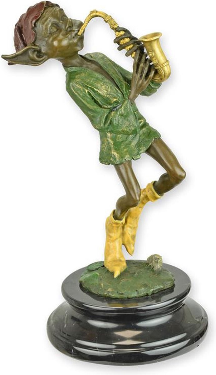 Bronzen sculptuur van een saxofoon spelende aardman, Hoogte: 24,8 cm