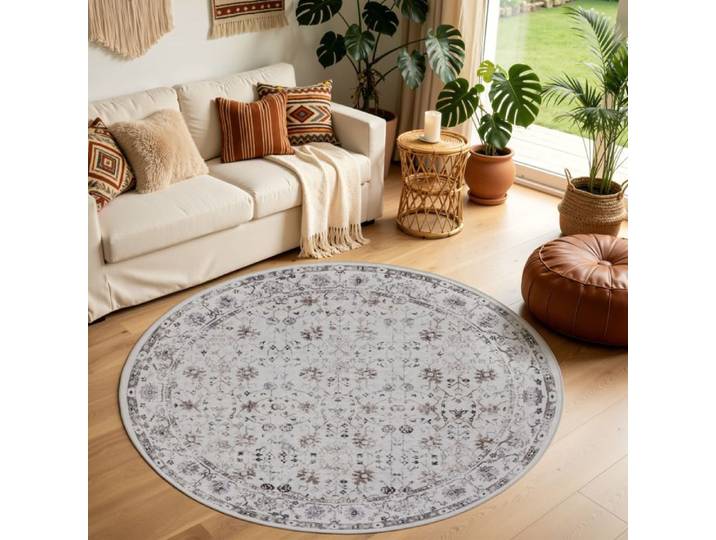 Carpettex Tapis Rond 200 cm Crème Vintage Oriental Lavable Antidérapant