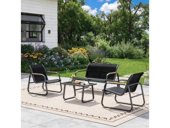 Ensemble salon de jardin 4 pièces - Canapé 2 places + 2 fauteuils + table verre trempé - Acier - Textilène - Jardin/terrasse