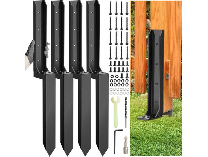 Kit de réparation de poteaux de clôture 4 pièces, piquets de fixation robustes pour réparer les supports en bois inclinés ou cassés