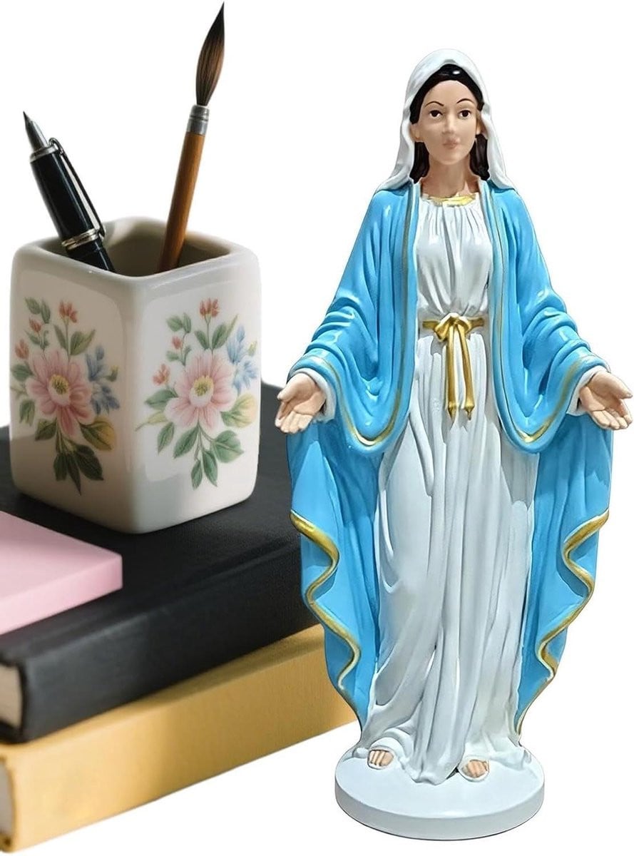 Maria standbeeld - Blauw katholiek figuur met open armen - Hoogte: 12 cm
