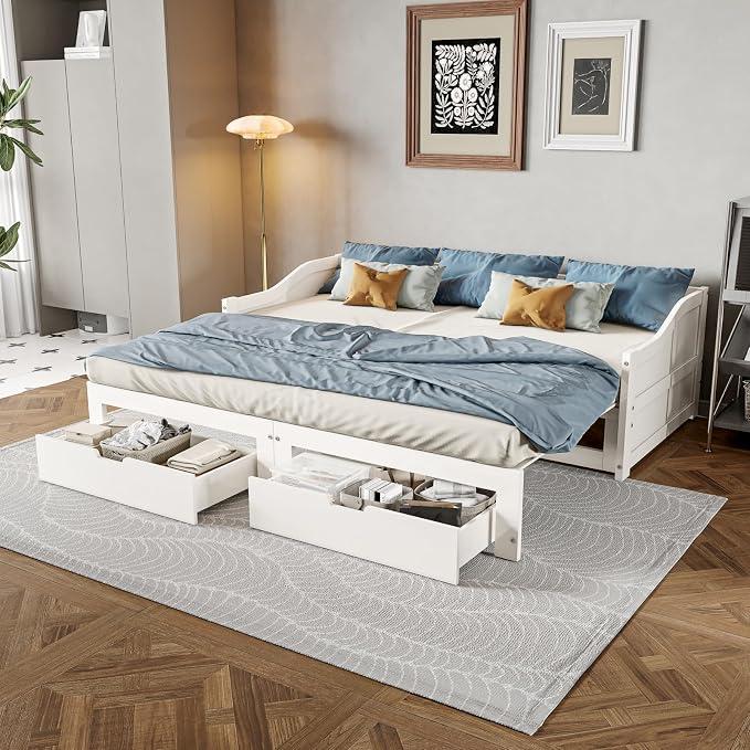 Ausziehbares Polsterbett Schlafsofa 90/180x200cm,Tagesbett, Kinderbett mit 2 Schubladen und Lattenrost, Doppelschlafsofa für Wohnzimmer,Kinderzimmer,Schlafzimmer,Massivholz