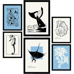 POSTER Set Mit 6 In Schwarzer Tinte Stachelrochen Und Wal Kunstdrucke Von Meer Und Ozean Für Innenarchitektur A3 & A4 Schwarzer Rahmen