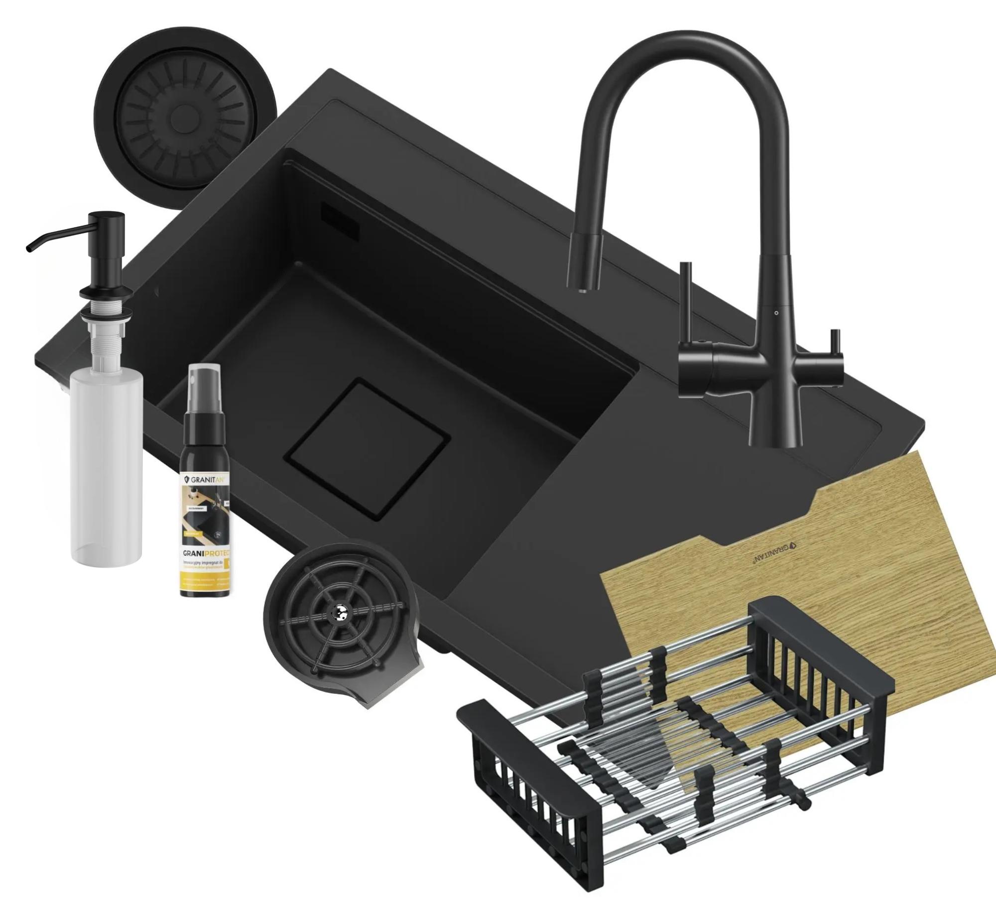 Granitan - Granitspüle - Küchenspüle - 80x50x22 cm - Schwarz - mit Armatur FLUO und Siphon und Schneidebrett