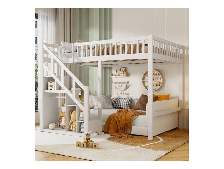 Simurq Hochbett Jugendbett 90x200 cm, Etagenbett, kinderbett (1 tlg, ohne Matratze, Mit Lattenrost) mit Treppe, Sicherheitsgeländer, Multifunktional Bettgestell