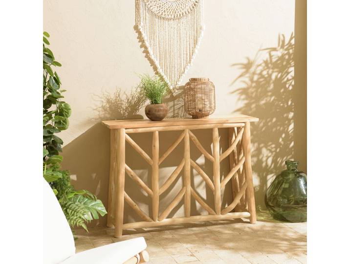 Console rondins de teck naturel piétement décoré MANAK
