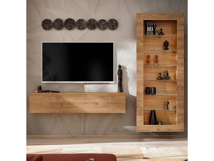 Komodee Meuble TV avec Vitrine Suspendue Como - Chene - Miel Truffe - sans LED - 211 x 178 x 23 cm