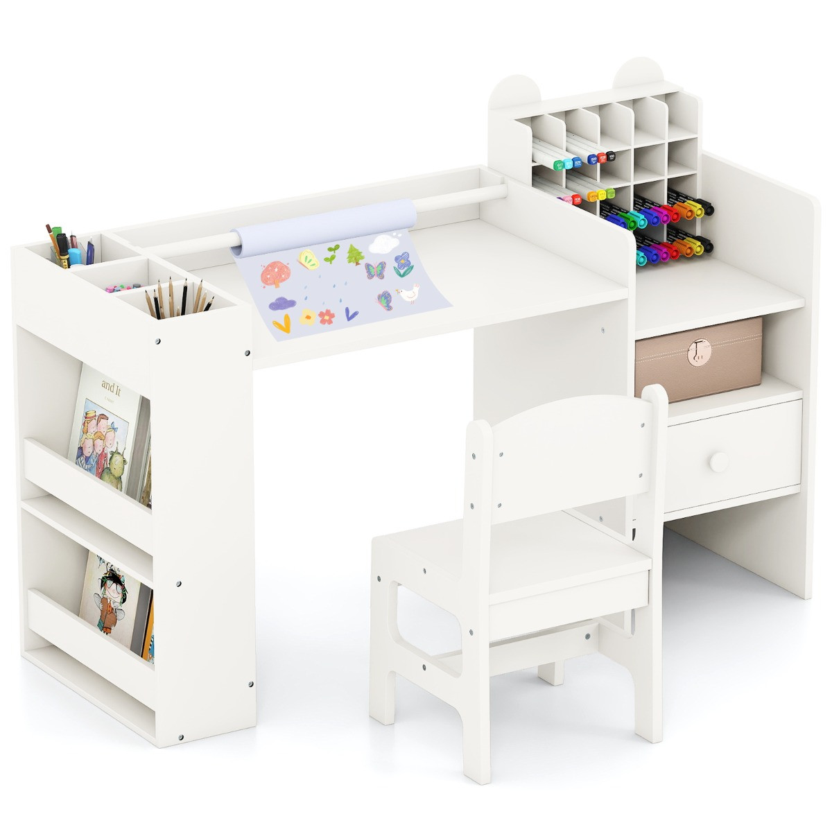 Costway Kinderbureau en Stoelenset met Afneembare Papierrolhouder en Archiefkast