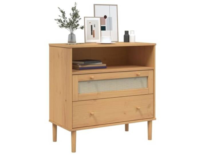 KTHLBRH Sideboard Senja Rattanoptik braun 80 x 40 x 80 cm Massives Kiefernholz, UV-Lack, 2 Schubladen und 1 Fach, Holzgriffe, stabile Tischplatte