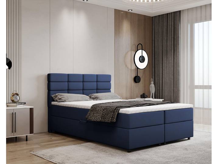 Boxspringbett 140x200, mit Bettkasten, Dunkelblau, Matratze und Topper, Doppelbett, REVE, Panda Möbel