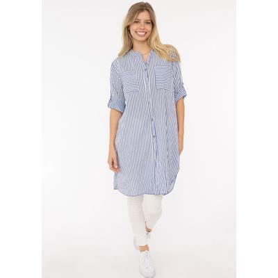 Longbluse ZWILLINGSHERZ "Kida", Damen, blau (jeans), Web, Obermaterial: 100% Baumwolle, gestreift, comfort fit lang, V-Ausschnitt, Krempelärmel 1-Knopf-Manschette, Blusen Longbluse, One Size, Streifen, Knopfleiste, Brusttaschen, 3/4-Arm