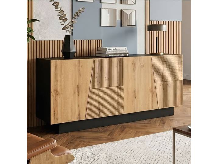 Buffet bas - 160x40x72cm - Grand rangement flexible - Façade géométrique - Entretien facile - Noir et Bois