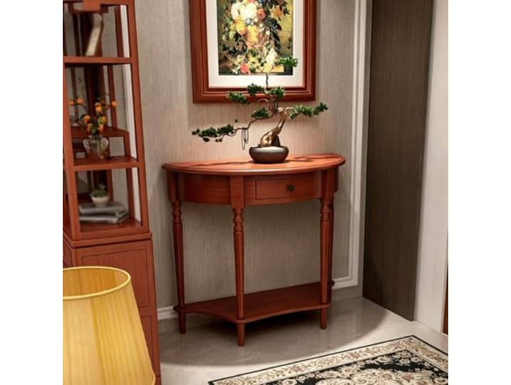 MDEUFYWEGB Halbrunder Massivholz-Konsolentisch/Halbrunder Sofatisch Flurtisch mit Schubladen und Ablagefächern; Beistelltisch für das Wohnzimmer im Vintage-Stil.(E-100CM/39.4IN)