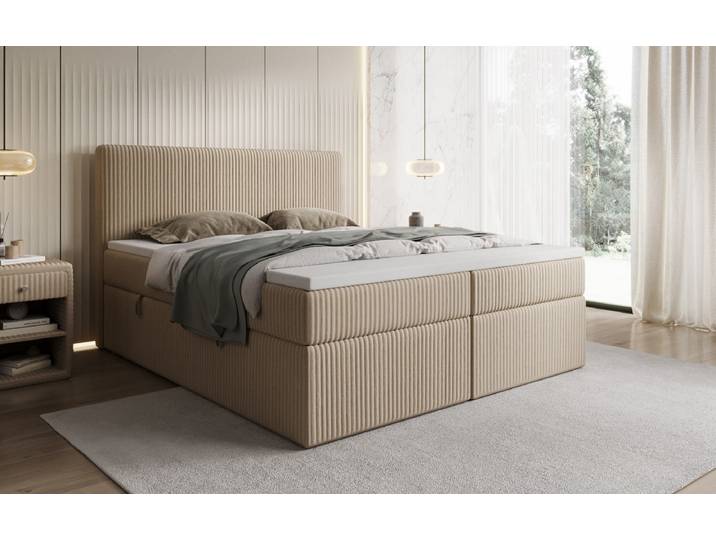 Boxspringbett Kubo in Cord mit Stauraum - 200x200 - Beige - H4 (100kg+) - Luxusbetten24