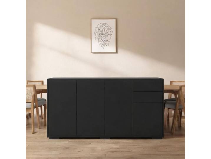 Buffet design contemporain 140 cm 2 tiroirs 4 portes noir mat et laqué