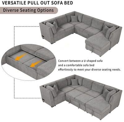 toswini Light Gray U-Shaped Sectional Sofa Bed with Pull-Out Feature, USB, Power Sockets
