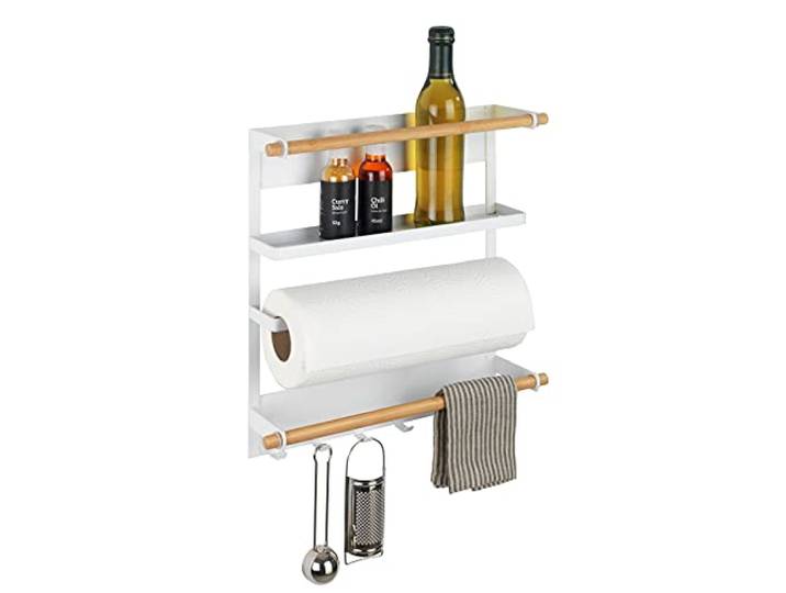 WENKO Keukenrek Magna, wandrek voor de keuken incl. houder voor keukenrol, bevestigen zonder boren met magneet, open rek van metaal wit gelakt en bamboe, 33 x 34 x 8 cm, wit/bruin