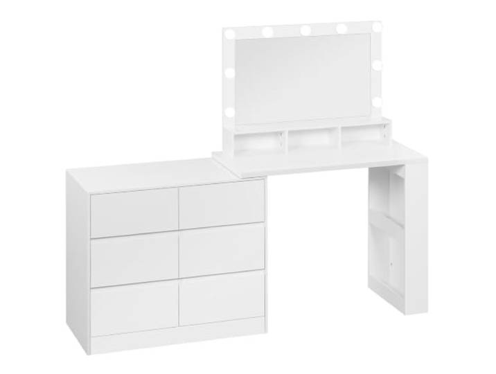 WOLTU Schminktisch mit Spiegel, Beleuchtung, Kommode in Reihe oder L-Form einstellbare Helligkeit, 6 Große Schubladen, Seitenregale, Eck-Frisiertisch fürs Schlafzimmer, Flexible Montage, Weiß