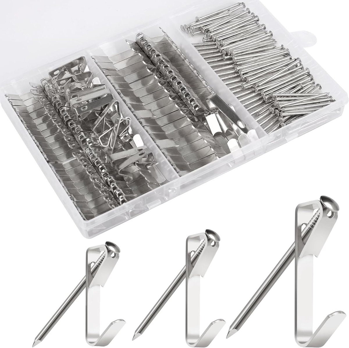 184 stuks Picture Hanging Kit met metalen foto haken en spijkers voor gipsplaat en houten muren, zilver