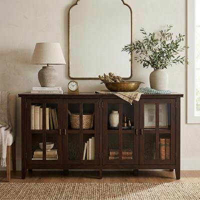 "WYNDENHALL Stratford SOLID WOOD 66 inch Wide Contemporary Wide 4 Door Storage Cabinet in Russet Brown - 18"" D x 66"" W x 34"" H"