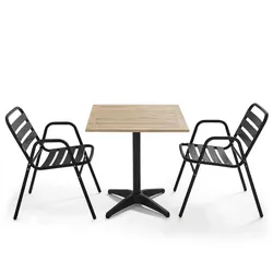 Oviala Business Gartentisch aus Holz und 2 Sessel aus grauem Aluminium