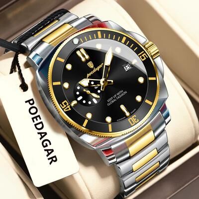 Inspire Select POEDAGAR Luxury Waterproof Men's Quartz Watch With Luminous Date & Dual Time gold Black