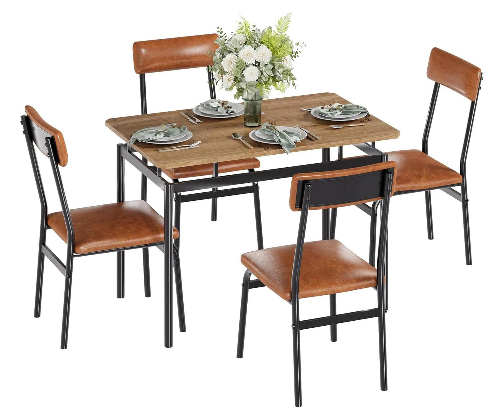 StarTech Industriële Eettafelset met 4 Stoelen in Kunstleer - Bruin
