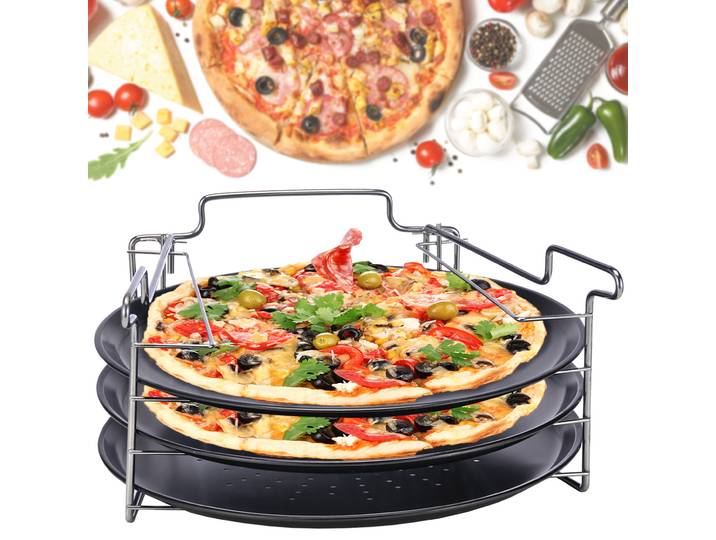 4er-Set Pizza Backblech, 3 Pizzaformen mit Backofen-Aufsteller, 31 x 15,8 cm